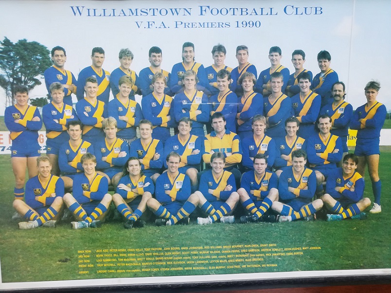 1990 – Former Blues; Williamstown’s Peter Kenny (back row 2nd from left), Bill Swan, Simon Lloyd & David Whillas (third row 2nd, 3rd & 4th from left)