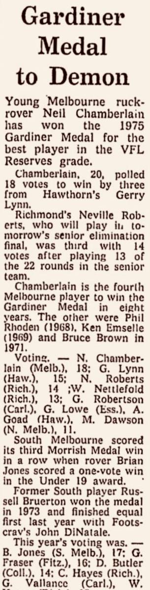 1975 - Gardiner & Morrish Medal placings. 