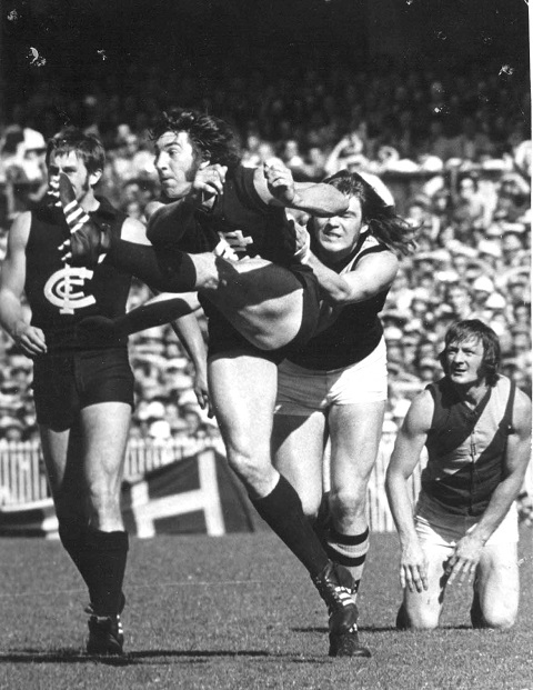 Carlton versus Richmond. Players are (left to right); Brent Crosswell (Carlton), Vin Waite (Carlton), Neil Balme (Richmond), Kevin Sheedy (Richmond). Edited image - originally submitted by anthonydebolfo.