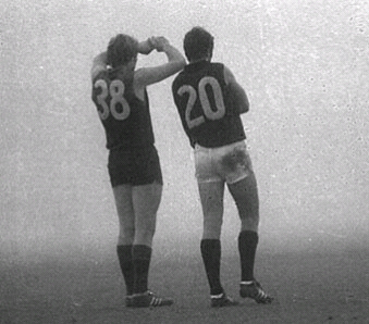 Geoff Southby and Paul Shanahan from Fitzroy in the fog. 1971