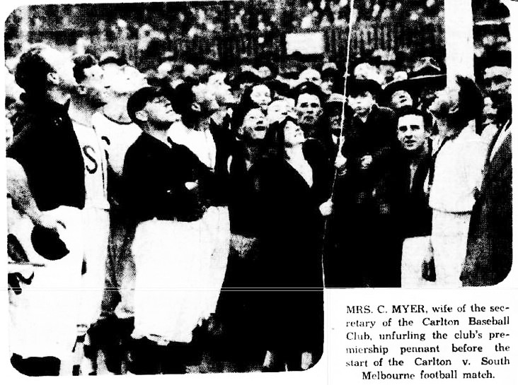 1932 Carlton Baseball Club premiership pennant raising at Princes Park.
Trove; Sun News Pictorial May 09 p15