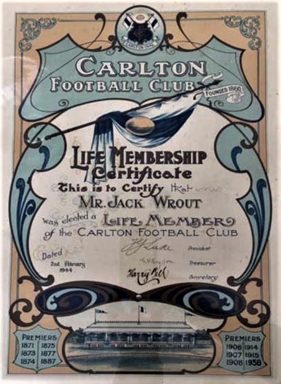 1944 Jack Wrout 
Life Membership Certificate
Peninsulsa Essence article February 2021