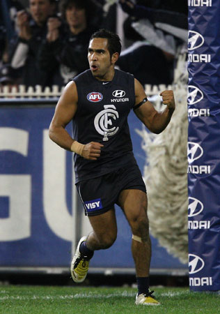 Eddie Betts celebrating one of his goals in the Round 15, 2008 match against St Kilda.