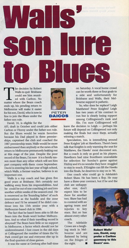 1995 - David Walls son to join The Blues (10/07/95).