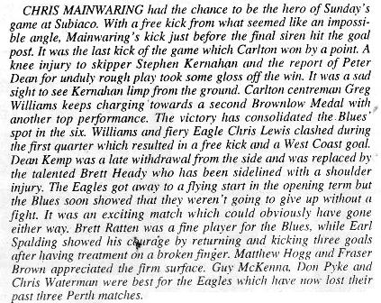 1993 Rd 14 - Match Summary Vs West Coast Eagles.