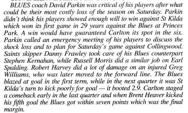 1993 Rd 20 -Match Summary Vs St Kilda.