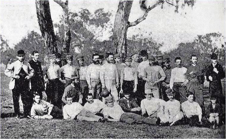 1868 Carlton team
Possibly May 25 v Geelong
Mark Pennings' book Vol 1 says it may be Dave Adamson holding the ball with Jack Conway front row 3rd from left.