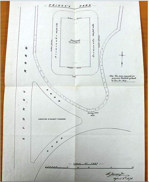 1878 Diagram of proposed playing ground in the southern portion of Princes Park
From the 1878 rate-payers' petition to the Melbourne City Council. 
The Public Records Office North Melbourne
Carlton Football Club image