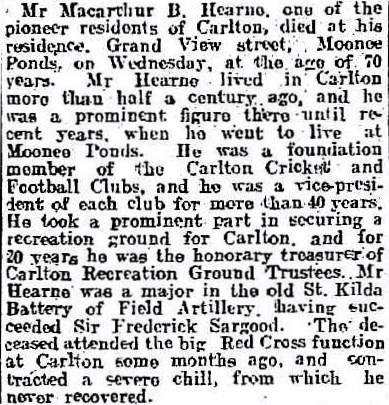 1916 M. B. Hearne obituary
Ballarat Star January 21 p4