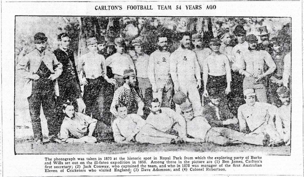 1868 Carlton team Royal Park
HQ tiff cropped photo with 4 names.
The News (Hobart) October 21 1924 p3
News said it was from 1870 but all other photos mention 1868
Courtesy Tasmanian State Library