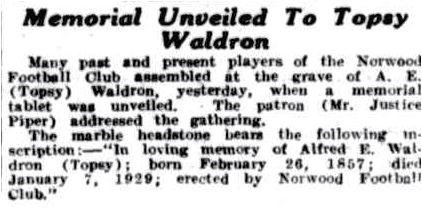 A. E. 'Topsy' Waldron headstone.
Register (SA), March 03 p12 1930