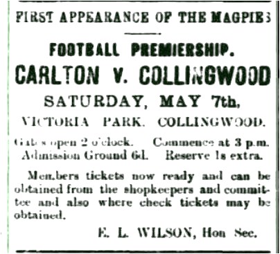 1892 advert. Colingwood's first match Victoria Park
Trove; Mercury and Weekly Courier May 05 (p2)