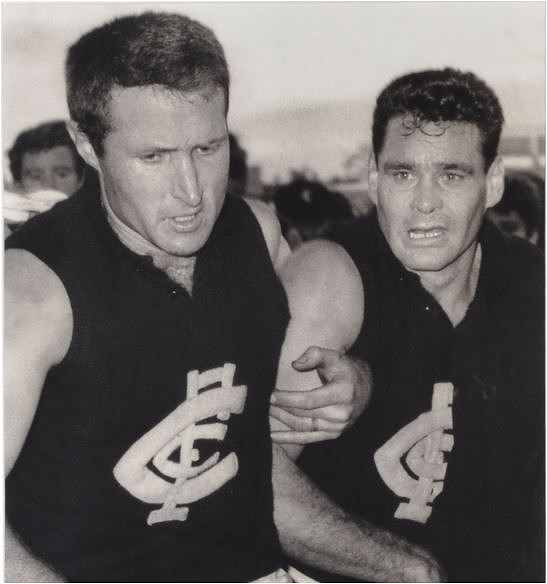 1965 Rnd 5 John Nicholls and Ron Barassi
v Collingwood May 15 Victoria Park
Image from Age photo cropped and sharpened
Age May 17 p24 