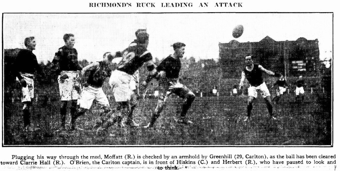 1920 Final v Richmond
Note; some Carlton players wearing Geelong type training jumpers under their guernsey.
Trove; Herald September 18 p1  sporting edition