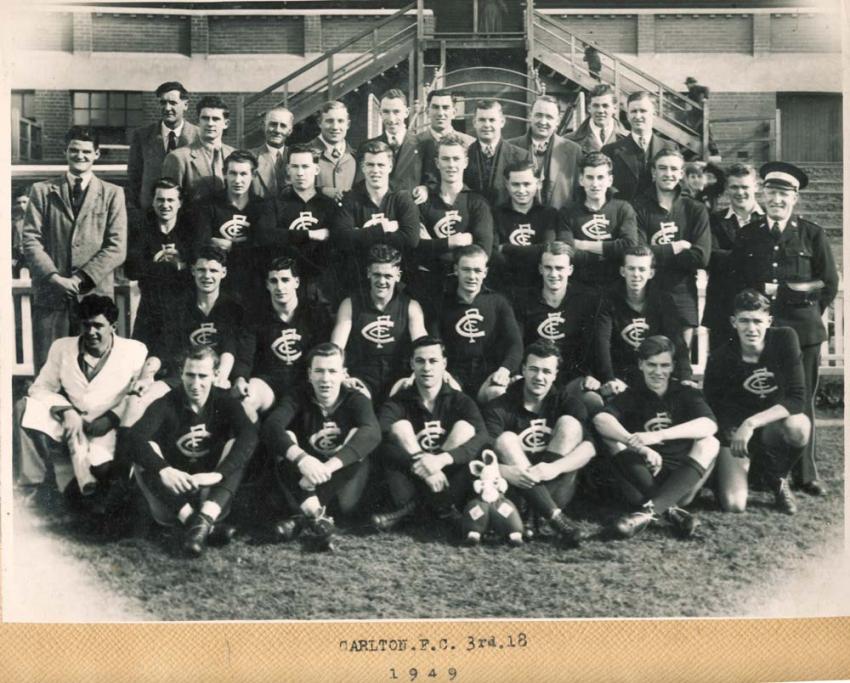 Carlton Under 19 Premiership team, 1949. Dick Gill is the player standing at the far right.