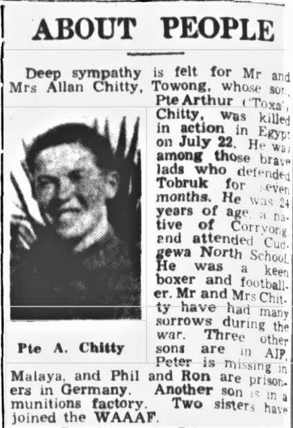 1942 Arthur Chitty obit with photo
Border Morning Mail October 21 p2 