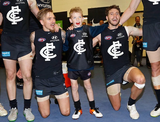 Young fan Kai Stewart joined the Blues' celebrations after their victory over the Brisbane Lions. Image courtesy of AFL Media.