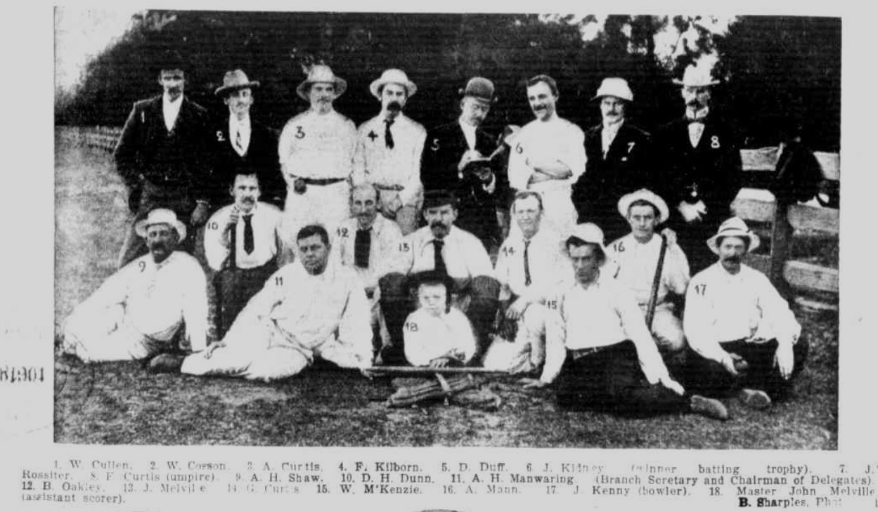 1901 Carlton A.N.A. Branch Cricket team
CFC President A. H. Shaw (No.9) , John "Jack" Melville (No.13), 
Possible CFC players (Pre VFL/VFL), W. McKenzie (No.15), J. Kidney (No.6), A. Curtis (No.3)
Trove; Weekly Times April 27