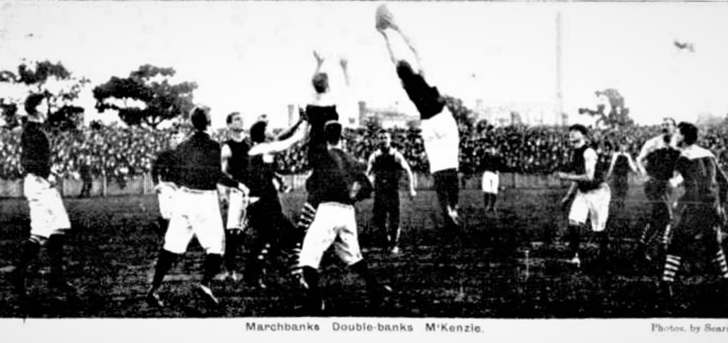 1904 Semi Final Jim Marchbanks marking.
v Essendon at Victoria Park.
Trove; Punch September 25 p17 