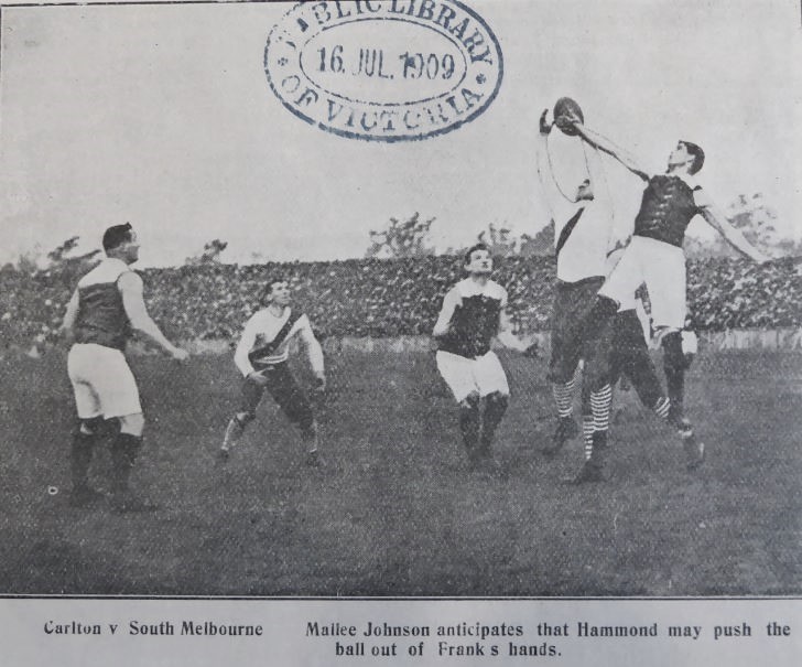 1909 Rnd 11 v South Melbourne at Princes Park
Image: SLV, Illustrated Sporting and Dramatic News (Melb) July 15 (p25)