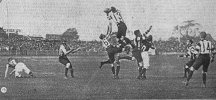 This famous photograph is recognised as the first ever taken of an Australian Rules high mark, at Victoria Park on April 25, 1914. The player is Collingwood full-forward Dick Lee, and the match ended in a draw.