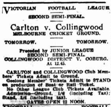 1921 advert. Semi Final v Collingwood
Trove: Herald September 30 p3