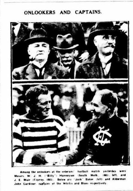 The Argus (Melbourne, Vic. : 1848 - 1956), Saturday 27 September 1924, page 29


Here is a photo of two former Carlton greats, Jack Baker (1882-88) and 
Jack/John Gardiner (1872-79) shaking hands.
In the top photo is former Blue, Billy Hannaysee (1884) (also was the 
first capt. of Port Melbourne) and J. E. Muir (Fitzroy)
