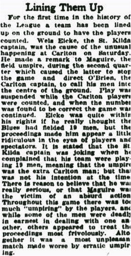 1924 Players being counted. Rnd 12  v St.Kilda
Sporting Globe July 16 p12