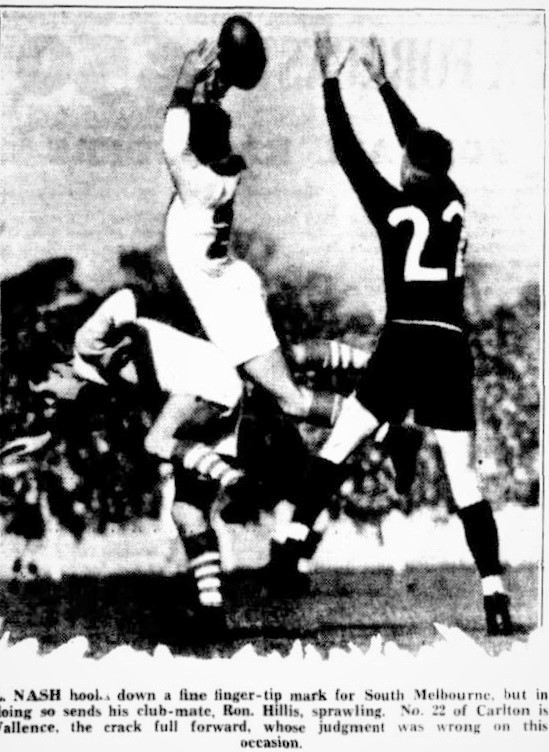 1933 Rnd 1 v South Melbourne at Princes Park
Left, Ron Hillis and Laurie Nash (SM) marking Carlton's  Harry Vallence (22)
Trove: Sporting Globe May 03 p1