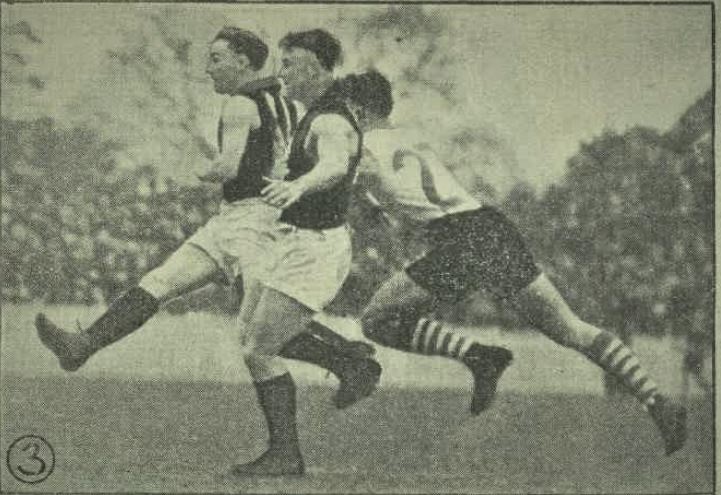 1935 Rnd 4 v South Melbourne
Debutant Clen Denning kicking one of his six goals.
Trove; Leader may 25 p32