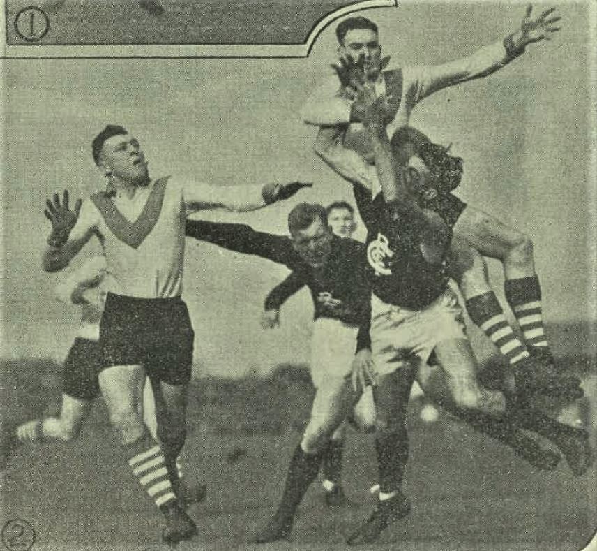 1935 Rnd 4 v South Melbourne at Lake Oval
Roy Moore (SM) spoils Blue Gordon Mackie's marking attempt. Jim Park (Carl) is between Mackie and South's champ Laurie Nash on the left.