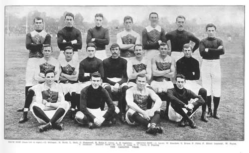 Before 3rd Round game with Essendon
Back row (from left to right): Doug Gillespie, Harvey Kelly, Les Beck, Charlie Hammond, 
Ernie Kelly, Frank 'Silver' Caine, Albert E. Ingleman.
Second row: William Laver, Wally Koochew, George Bruce, Fred Jinks, 
Fred 'Pompey' Elliott (captain), William Paynes, Vin Gardiner.
First row: Martin Gotz, Alex 'Bongo' Lang, Norman 'Hackenschmidt' Clark, George Topping.
(Photograph courtesy Leslie Koochew)
